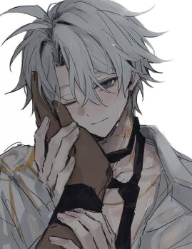 Rule 34 | 1boy, ;), antenna hair, black choker, blue eyes, blush, choker, closed mouth, collarbone, crossed bangs, crying, crying with eyes open, grey hair, hair between eyes, hand grab, honkai: star rail, honkai (series), looking at viewer, male focus, messy hair, mu4807119040930, one eye closed, parted lips, phainon (honkai: star rail), pov, shirt, short hair, simple background, smile, solo focus, tears, white background, white shirt