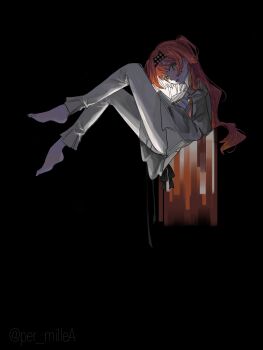 1girl absurdres backlighting barefoot black_background braid braided_sidelock checkered_hairband curled_up dress floating full_body green_eyes hairband hashtag-only_commentary highres ill_(no0408_bv) knees_up long_hair orange_hair pants pants_under_dress parted_lips reverse:1999 short_dress solo sonetto_(reverse:1999) two_side_up white_dress white_pants