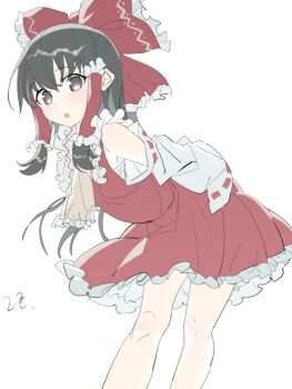 1girl :o arms_behind_back ascot bare_legs bare_shoulders bent_over black_hair bow breasts brown_eyes commentary_request detached_sleeves feet_out_of_frame frilled_bow frilled_hair_tubes frilled_shirt_collar frills hair_between_eyes hair_bow hair_tubes hakurei_reimu light_blush long_hair long_sleeves looking_at_viewer open_mouth petticoat polpol red_skirt red_vest sarashi simple_background skirt small_breasts solo standing touhou vest white_background wide_sleeves yellow_ascot