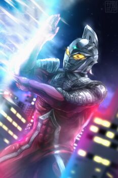 abs alien building city cloud energy energy_beam eye_slugger giant glowing glowing_eyes glowing_gem highres kaijin levanshousa913 muscular muscular_male night no_humans particle_beam particles seijin sky star_(sky) starry_sky superhero_costume tsuburaya_productions ultra_beam ultra_series ultraseven ultraseven_x wide_shot_(ultra_series) yellow_eyes