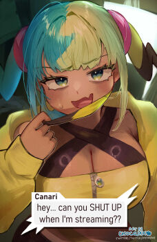 1girl aqua_hair bandeau black_mask blonde_hair blue_eyes blush breasts canari_(pokemon) chocojax cleavage commentary criss-cross_straps cropped_jacket dark-skinned_female dark_skin english_commentary english_text fang gradient_eyes highres jacket large_breasts long_sleeves looking_at_viewer mask mask_pull mega_stone midriff mouth_mask multicolored_eyes multicolored_hair nintendo open_mouth pokemon pokemon_legends:_z-a ring_light_reflection short_twintails skin_fang solo speech_bubble split-color_hair sports_bra sweatdrop twintails two-tone_hair two-tone_mask upper_body v-shaped_eyebrows yellow_bandeau yellow_jacket yellow_mask yellow_sports_bra