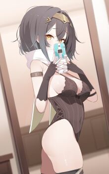1girl amber_(stella_sora) armlet black_bra black_gloves black_hair black_leotard black_thighhighs bra breasts cellphone commentary_request covered_navel crossed_bangs deyui dutch_angle fingerless_gloves flip_phone from_side full-length_mirror gloves hair_between_eyes hair_intakes hair_ornament headband highres holding holding_phone jewelry large_breasts leotard looking_at_viewer mirror mirror_selfie panties phone reflection reflection_focus selfie short_hair sideboob skindentation solo stella_sora thighhighs underwear yellow_eyes