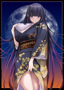 1girl absurdres black_border black_kimono blonde_hair blue_eyes border breasts brown_sash closed_mouth clothes_lift commentary cowboy_shot full_moon highres japanese_clothes kimono kimono_lift kimono_pull large_breasts leaf_print lifting_own_clothes long_hair looking_at_viewer moon nakajima_yuka obi original outside_border pulling_own_clothes sash solo standing symbol-only_commentary very_long_hair