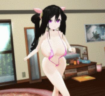 1girl 3d animated animated_gif ariane_cevaille_(silo9) bikini black_hair bouncing_breasts breasts female_focus huge_breasts long_hair lowres oppai_loli purple_eyes running silo9 slingshot_swimsuit solo source_request swimsuit treadmill twintails