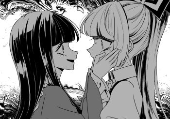 2girls bow collared_shirt commentary_request crazy_smile eye_contact frilled_sleeves frills fujiwara_no_mokou grey_shirt hair_bow hands_on_another&#039;s_cheeks hands_on_another&#039;s_face highres houraisan_kaguya long_sleeves looking_at_another multiple_girls open_mouth shirt smile sweat tamiko_(tamik0224) touhou wide_sleeves