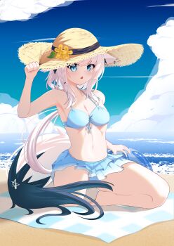 1girl absurdres animal_ear_fluff animal_ear_piercing animal_ears bare_shoulders bikini blue_bikini blue_eyes blue_hair blush braid breasts cleavage collarbone commentary_request fox_ears fox_girl fox_tail hair_between_eyes hat highres hololive long_hair looking_at_viewer medium_breasts navel official_alternate_costume ruby_(jhsang1996) shirakami_fubuki shirakami_fubuki_(hololive_summer_2019) sitting solo stomach straw_hat swimsuit tail twin_braids very_long_hair virtual_youtuber