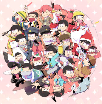 >_o 6+boys alcohol animal_costume antenna_hair arm_up ascot backpack bag bare_arms bare_shoulders beer beer_mug belt black_belt black_gloves black_necktie black_pants blazer blue_jacket blunt_bangs book brown_capelet brown_footwear brown_hair brown_hat brown_jacket brown_pants brown_suit buttons capelet carrying_over_shoulder chewing cigarette clone closed_mouth clothes_around_waist cloud_print collared_capelet collared_jacket collared_shirt crumbs cup deerstalker detective dress_pants dress_shoes drink eating fish fishing fishing_rod food formal_clothes fur-trimmed_headwear fur_trim futon gift gloves green_bag grey_hoodie grey_jacket grey_pants grin hand_on_own_cheek hand_on_own_face happy hat heart heart_in_mouth helmet holding holding_drink holding_fishing_rod holding_manga holding_microphone holding_sack hood hood_down hoodie idol itoda_(110da) jacket jacket_around_waist lapels long_sleeves lying manga_(object) matsuno_osomatsu microphone mouth_hold mug multiple_boys music necktie notched_lapels official_alternate_costume on_stomach one_eye_closed onigiri open_book open_clothes open_jacket open_mouth osomatsu-san osomatsu_(series) pants plaid_capelet plaid_clothes plaid_hat pointing pointing_up pom_pom_(clothes) pompadour reading red_ascot red_background red_eyes red_hair red_hat red_hoodie red_jacket sack santa_costume santa_hat shirt short_hair singing sleeping smile smoke smoking socks space_helmet spacesuit sparkle_background sportswear suit tank_top under_covers v v-neck white_shirt white_socks white_tank_top yellow_hat