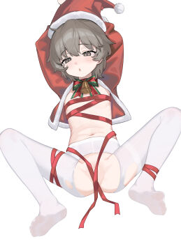 1girl absurdres arms_behind_head bell blush bound bow bowtie brown_eyes brown_hair commentary cropped_jacket flat_chest fur-trimmed_headwear fur-trimmed_jacket fur_trim hat hatoba_tsugu highres jacket loli lying m_legs medium_hair naked_ribbon navel neck_bell on_back open_clothes open_jacket open_mouth pantyhose pussy pussy_peek red_ribbon ribbon ribbon_bondage santa_hat simple_background solo spread_legs torn_clothes torn_pantyhose tsugu_(vtuber) virtual_youtuber white_background white_pantyhose wrapped_up yuk1_(nonon_yukiii)