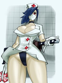 1girl belt_pouch blue_hair bonesaw breasts choker cleavage collarbone cowboy_shot crocodraws facing_viewer from_below gloves gluteal_fold grid_background hair_over_one_eye half-closed_eyes hat highres holding holding_weapon large_breasts latex latex_gloves looking_at_viewer mask mouth_mask nurse_cap panties ponytail pouch red_eyes saw shuriken skullgirls solo surgical_mask symbol-shaped_pupils tile_wall tiles underwear valentine_(skullgirls) weapon