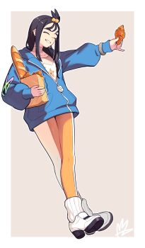 1girl :d baguette black_hair blue_hoodie bread choker closed_mouth croissant food hair_ornament highres holding hood hoodie leg_warmers lida_(pokemon) long_hair long_sleeves nintendo open_mouth pokemon pokemon_legends:_z-a rongyuanfeida shirt shoes smile solo teeth topknot two-tone_legwear