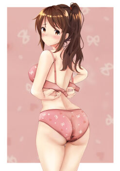 Rule 34 | 1girl, absurdres, ass, blush, border, bra, breasts, brown eyes, brown hair, closed mouth, from behind, high ponytail, highres, kimi no na wa., large breasts, long hair, looking at viewer, looking back, miyamizu mitsuha, open bra, outside border, panties, pink bra, pink panties, ponytail, print bra, print panties, ritsumama 2013, solo, thighs, underwear, underwear only, unfastened, wedgie, white border