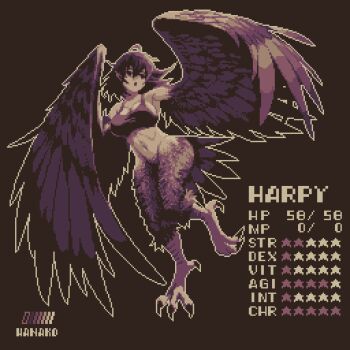 1girl ai-assisted animal_ears artist_name bare_shoulders bird_ears bird_legs breasts cleavage commentary_request feathered_wings harpy highres large_breasts limited_palette long_hair midriff monster_girl navel original pixel_art pointy_ears solo specialhanako stats talons winged_arms wings