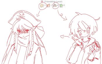 2boys :< arrow_(symbol) blush epic_battle_fantasy flower hat highres holding holding_flower hood hoodie jacket lance_(epic_battle_fantasy) long_hair male_focus matt_(epic_battle_fantasy) monochrome multiple_boys neckerchief pirate_hat short_hair simple_background sketch undo_1303 white_background