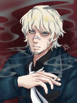 1boy bandaid bandaid_on_face bandaid_on_nose blue_eyes cigarette collared_shirt facial_hair highres holding holding_cigarette jacket jason_napoli necktie original sangius sangius_petrified serious shirt simple_background smoke stubble