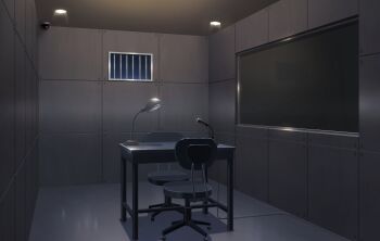 absurdres vent_(object) camera ceiling ceiling_light chair highres indoors interrogation lamp no_humans office_chair original scenery security_camera swivel_chair tile_wall tiles window yu02257951