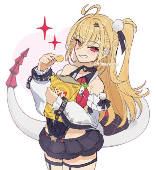 1girl ahoge bag_of_chips bare_shoulders black_skirt blonde_hair chalky_(zenless_zone_zero) chips_(food) cissia_(zenless_zone_zero) collarbone commentary_request cowboy_shot detached_sleeves food grin hair_between_eyes hair_ornament hairclip holding holding_food long_hair looking_at_viewer metal_wrist_cuffs miniskirt pom_pom_(clothes) pom_pom_hair_ornament red_eyes shimanaka_(shimanaka_sushi) simple_background skirt smile snake snake_girl snake_tail sparkle tail white_background white_snake zenless_zone_zero