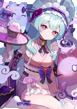 1girl apron aqua_hair blush bottle breasts commentary_request fingernails food frilled_apron frilled_sleeves frills genshin_impact hair_between_eyes hair_ornament highres holding holding_tray japanese_clothes kimono long_hair looking_at_viewer maid maid_apron maid_headdress medium_breasts nihongami obi_bow open_mouth pink_eyes pink_kimono pointy_ears purple_nails q-chiang sandals sleeveless sleeveless_kimono socks tail tray wa_maid wagashi white_apron white_socks yumemizuki_mizuki