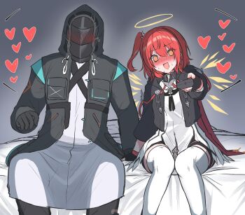 1girl 1other absurdres ambiguous_gender amesaki_vanilla arknights black_coat blush coat controller cropped_jacket cross cross_earrings detached_wings doctor_(arknights) earrings embarrassed energy_wings exusiai_(arknights) exusiai_the_new_covenant_(arknights) feet_out_of_frame fingerless_gloves gloves hair_between_eyes halo heart highres holding holding_remote_control hood hood_up hooded_coat jacket jewelry long_sleeves looking_at_viewer medium_hair on_bed one_side_up open_mouth orange_eyes red_hair remote_control shirt sweat thighhighs traditional_halo twitter_username white_shirt white_thighhighs wings yellow_halo