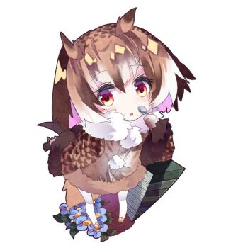 1girl blush brown_dress brown_hair brown_shoes brown_wings commentary_request dress eurasian_eagle_owl_(kemono_friends) full_body fur-trimmed_dress fur_collar fur_trim head_wings holding holding_spoon kemono_friends looking_at_viewer open_mouth orange_eyes pantyhose shinjitsu_no_kuchi shoes short_hair simple_background solo spoon standing white_background white_pantyhose wings
