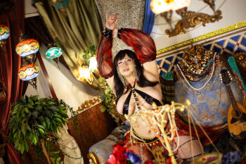 1girl asian belly belly_dancer black_hair breasts chouzuki_maryou cleavage highres large_breasts lipstick makeup photo_(medium) plump solo thick_thighs thighs underboob