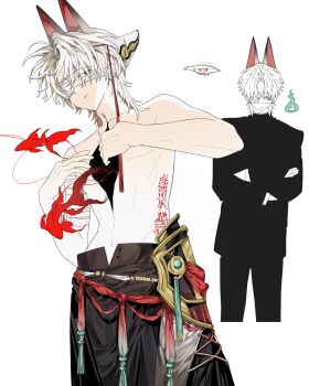 1boy black_eyes colored_eyelashes cowboy_shot dmdrk_(ha_ha) eyepatch fish fox_mask gakuran heterochromia highres hitodama hole_in_chest hole_on_body male_focus mask mask_on_head medical_eyepatch multiple_views original ringed_eyes school_uniform simple_background topless_male white_background white_eyelashes white_eyes