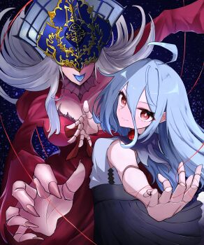 2girls ahoge black_skirt blue_lips breasts doll_joints dress grey_shirt greyscale high-waist_skirt highres joints large_breasts lk_nekoa long_hair long_sleeves looking_at_viewer mask monochrome multiple_girls puppet_strings red_dress red_eyes shadowverse shadowverse:_worlds_beyond shingeki_no_bahamut shirt skirt sleeveless sleeveless_shirt victoria_(shadowverse) zwei_(shingeki_no_bahamut)