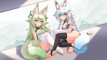 Rule 34 | 2girls, absurdres, ahoge, animal ear fluff, animal ears, black thighhighs, blue dress, blue eyes, blush, braid, breasts, character request, china dress, chinese clothes, commentary request, dress, eyepatch, feet, fox ears, fox girl, fox tail, green dress, green eyes, green hair, hair flaps, highres, karv, legs, long hair, multiple girls, negiwolf, no shoes, original, pantyhose, sitting, small breasts, smile, soles, tail, thighhighs, thighs, toeless legwear, toes, twin braids, white hair, white thighhighs