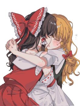 2girls amatukimahoro arms_around_neck blonde_hair bow braid brown_hair chest_sarashi closed_eyes commentary_request detached_sleeves frilled_bow frilled_hair_tubes frills hair_bow hair_tubes hakurei_reimu highres kirisame_marisa kiss long_hair long_sleeves multiple_girls pleated_skirt puffy_short_sleeves puffy_sleeves red_bow red_shirt red_skirt sarashi shirt short_sleeves side_braid simple_background single_braid skirt sleeveless sleeveless_shirt sweatdrop touhou white_background white_shirt yuri