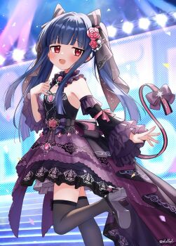 1girl :d animal_ears black_bow black_bowtie black_shoes black_thighhighs blue_hair blunt_bangs blush bow bow_legwear bowtie breasts cat_ears collar commentary detached_collar detached_sleeves dress dress_bow dress_flower eluthel flower frilled_collar frilled_dress frilled_sleeves frills hair_flower hair_ornament hand_up high-low_dress high_heels highres idol idol_clothes idolmaster idolmaster_cinderella_girls layered_dress leg_up long_hair looking_at_viewer open_mouth pink_flower pink_ribbon print_dress purple_bow purple_dress red_eyes ribbon sajo_yukimi shoes short_dress sidelocks sleeve_ribbon small_breasts smile solo stage stage_lights stairs standing standing_on_one_leg strapless strapless_dress tail tail_belt tail_bow tail_ornament thighhighs twintails twitter_username