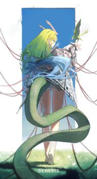 1girl absurdres bandaged_ankle bird bird_on_hand blonde_hair blue_hair clothes_writing commentary copyright_request esnowg from_behind gradient_hair green_bird green_hair green_tail highres horns jacket long_hair long_tail multicolored_hair panties pantyshot pointy_ears profile solo standing symbol-only_commentary tail underwear very_long_hair white_panties