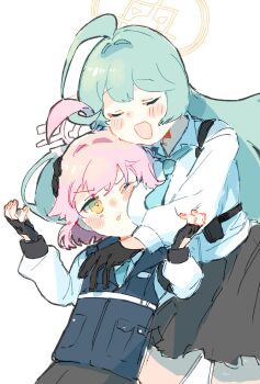 2girls age_difference ahoge aqua_hair black_gloves black_skirt black_vest blue_archive blush closed_eyes collared_shirt fingerless_gloves gloves halo hand_on_another&#039;s_head highres hoshino_(blue_archive) hoshino_(first_year)_(blue_archive) hug long_hair long_sleeves multiple_girls necktie one_eye_closed onee-loli open_mouth pink_hair sena_yuuta shirt short_hair skirt standing v-shaped_eyebrows vest white_background white_shirt yellow_eyes yume_(blue_archive)