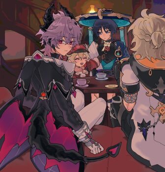 1girl 3boys albedo_(genshin_impact) black_bodysuit black_bow black_coat black_gloves black_hair black_hood black_horns black_pants black_sleeves black_tail blonde_hair blue_cape blue_hat blue_kimono blunt_ends bodysuit bow braid bright_pupils brown_gloves cape character-themed_food closed_eyes closed_mouth coat collar couch covered_collarbone cup dodoco_(genshin_impact) dragon_horns dragon_tail dragon_wings dress facing_another feathers gem genshin_impact gloves gold half_up_braid hat hat_feather heart heart_tail highres hood hood_down horns indoors japanese_clothes jingasa juban kimono klee_(genshin_impact) long_sleeves looking_at_another looking_at_viewer looking_back mandarin_collar mini_durin_(genshin_impact) mini_durin_(human)_(genshin_impact) molaning multiple_boys newsboy_cap open_clothes open_kimono open_mouth outstretched_arm pants pink_hair plate pom_pom_(clothes) puffy_sleeves purple_eyes purple_rope purple_sash pyro_symbol_(genshin_impact) red_dress red_eyes red_gemstone red_hat red_scarf red_sleeves red_wings rope sash scaramouche_(genshin_impact) scarf short_sleeves shoulder_peek sitting slit_pupils smile table tail teacup teeth tsurime upper_teeth_only vision_(genshin_impact) wall_lamp wanderer_(genshin_impact) white_coat white_collar white_feathers white_gloves white_kimono white_pants white_pupils white_sleeves wings wooden_table
