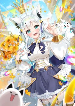 1girl 2others absurdres ahoge animal_ear_fluff animal_ear_piercing animal_ears aqua_eyes black_dress blue_sky blurry blurry_background blush bouquet braid breasts collared_shirt crown dress flower fox_ears fox_girl fox_shadow_puppet fox_tail fubuchun garter_straps gold_crown hair_ornament highres holding holding_bouquet hololive large_breasts long_hair long_sleeves looking_at_viewer mascot multiple_others official_alternate_costume official_alternate_hairstyle open_mouth outdoors payano_i shirakami_fubuki shirakami_fubuki_(saint) shirt sky smile sukonbu_(shirakami_fubuki) tail thighhighs very_long_hair virtual_youtuber white_hair white_shirt white_thighhighs x_hair_ornament