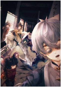 2boys 2girls animal_ear_piercing animal_ears antenna_hair baggy_pants black_boots black_hair black_hanfu black_horns boots character_request chinese_clothes commentary_request conan0kid crack cracked_floor crossed_bangs crossover day debris forever_bond_(infinity_nikki) fox_ears full_body grey_hair hair_between_eyes hanfu holding holding_sword holding_weapon horns huge_weapon indoors infinity_nikki jianxia_qingyuan_(series) jianxia_qingyuan_online_3 long_hair loose_hair_strand mouse_ears multiple_boys multiple_girls nikki_(series) open_mouth pants pink_hair ponytail punishing:_gray_raven red_scarf round_eyewear scarf short_hair single_horn smile sunglasses surprised sword thick_eyebrows v-shaped_eyebrows wangzhe_rongyao wanshi_(pgr) weapon white_pants yellow-framed_eyewear yellow_hanfu zang_jiang