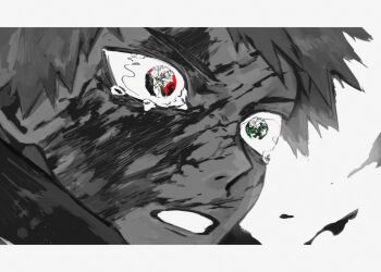 3boys a_san_si absurdres all_for_one_(boku_no_hero_academia) bakugou_katsuki blood blood_on_face boku_no_hero_academia clenched_teeth close-up eye_reflection greyscale heterochromia highres injury letterboxed male_focus midoriya_izuku monochrome multiple_boys parted_lips reflection short_hair spiked_hair spot_color teeth wide-eyed