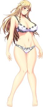 1girl bare_shoulders barefoot blonde_hair blush bra braid breasts cleavage collarbone covered_erect_nipples empty_eyes female_focus full_body green_eyes highres huge_breasts hypnosis kisshouji_arisa kyonyuu_reijou_mc_gakuen long_hair mind_control navel open_mouth panties parted_lips skyhouse solo standing underwear visual_novel white_bra white_panties