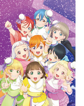 6+girls arashi_chisato artbook belt black_hair blonde_hair blue_eyes blue_hair braid brown_hair dress green_eyes grey_hair hair_between_eyes hair_bun hat hazuki_ren heanna_sumire highres long_hair looking_at_viewer love_live! love_live!_superstar!! mini_hat mirai_no_oto_ga_kikoeru multicolored_hair multiple_girls non-web_source official_alternate_costume official_art one_eye_closed onitsuka_natsumi open_mouth orange_eyes orange_hair pink_eyes ponytail purple_belt purple_eyes red_eyes red_hair sakurakoji_kinako shibuya_kanon short_hair smile tang_keke twin_braids wakana_shiki white_hair yellow_eyes yoneme_mei