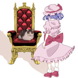 Rule 34 | 1girl, back bow, blue hair, bow, burumiru, cat, chair, commentary request, dress, frilled ribbon, frilled sleeves, frills, from behind, full body, hat, highres, mob cap, photo inset, pink dress, puffy short sleeves, puffy sleeves, red bow, red footwear, remilia scarlet, ribbon, shoes, short hair, short sleeves, simple background, solo, throne, touhou, waist bow, white background