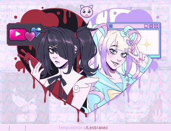 2girls :/ :d absurdres ame-chan_(needy_girl_overdose) black_hair bleeding blonde_hair blood blue_eyes blue_hair blue_sailor_collar blunt_bangs bow chest_bow chouzetsusaikawa_tenshi-chan colored_tips diagonal_bangs dual_persona hair_bow hair_ornament hair_over_one_eye heart highres holding holding_phone looking_at_viewer multicolored_hair multiple_girls multiple_hair_bows multiple_piercings neck_ribbon needy_girl_overdose official_art_inset open_mouth phone pien_cat_(needy_girl_overdose) pink_hair quad_tails red_shirt ribbon sailor_collar shirt short_twintails sidelocks smile suspenders tempusumbra twintails upper_body v window_(computing) winged_sleeves x_hair_ornament
