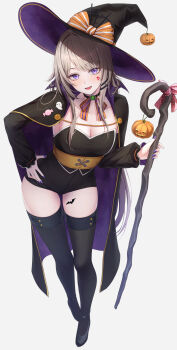 1girl absurdres alternate_costume black_cape black_choker black_hat black_shoes black_thighhighs blush breasts cape choker facial_mark full_body grey_hair halloween_costume hand_on_own_hip hat heart heart_facial_mark herta_(honkai:_star_rail) high-waist_shorts highres holding holding_staff honkai:_star_rail honkai_(series) looking_at_viewer medium_breasts nail_polish open_mouth purple_eyes purple_nails sakuno_(sksk_sakuno) shoes shorts simple_background solo staff the_herta_(honkai:_star_rail) thighhighs thighs white_background witch_hat