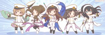 >:( 5girls aiba_yumi arm_behind_back black_boots black_hair black_pantyhose black_thighhighs blue_eyes blush boots brown_eyes brown_hair cape chibi closed_mouth colored_shadow commentary_request flag floating_hair green_cape hair_between_eyes hairband hat highres holding holding_flag idolmaster idolmaster_cinderella_girls jacket light_frown long_hair long_sleeves mitarashi_neko multiple_girls nitta_minami outstretched_arm pants pantyhose peaked_cap pleated_skirt pointing ponytail sagisawa_fumika seizon_honnou_valkyria_(idolmaster) shadow skirt standing tachibana_arisu takamori_aiko thighhighs thighhighs_under_boots torn_cape torn_clothes torn_jacket torn_pantyhose unworn_hat unworn_headwear v-shaped_eyebrows very_long_hair white_boots white_hairband white_hat white_jacket white_pants white_skirt yellow_eyes