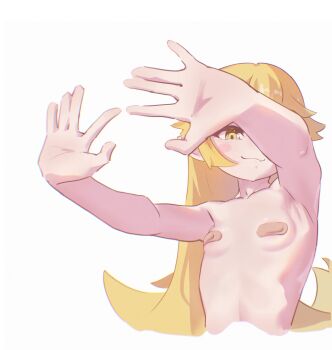 1girl absurdres armpits bandaid bandaids_on_nipples blonde_hair blush_stickers breasts closed_mouth collarbone completely_nude cropped_torso flipped_hair from_below from_side hair_flaps hand_shadow_covering_breasts_(meme) hands_up highres joegaimo loli long_hair meme monogatari_(series) no_shadow nude open_hands oshino_shinobu outstretched_arms pasties ringed_eyes sidelocks simple_background small_breasts smile solo spread_fingers upper_body vampire very_long_hair white_background yellow_eyes