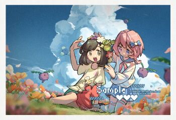 2girls :d beanie blue_bow blue_eyes blue_sailor_collar blue_skirt blue_sky border bow braid brown_eyes brown_hair bug comfey cutiefly field floral_print flower flower_field full_body gen_2_pokemon gen_7_pokemon green_shorts hat heterochromia highres hoppip jumpluff looking_at_another multiple_girls nintendo on_grass open_mouth orange_flower outdoors pink_eyes pink_flower pink_hair pink_ribbon pokemon pokemon_(creature) pokemon_sm red_flower red_hat ribbon robinlovesop sailor_collar school_uniform selene_(pokemon) shirt short_hair short_sleeves shorts single_braid sitting skirt sky smile socks tied_shirt unworn_hat unworn_headwear white_border white_shirt white_socks yellow_shirt z-ring