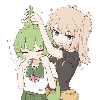 2girls black_shirt blue_eyes blush brown_hair closed_eyes commentary_request eargasm giryu grabbing_another&#039;s_ear green_hair green_sailor_collar green_skirt hand_on_another&#039;s_ear kasukabe_tsumugi long_hair multiple_girls open_mouth pleated_skirt sailor_collar shirt short_sleeves simple_background skirt sweat twintails uncommon_stimulation voicevox white_background white_shirt yuri zundamon