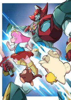 1girl absurdres animal bird blue_eyes blue_vest boots border closed_mouth commentary dog hairband highres holding holding_sword holding_weapon jumping k_katora looking_ahead mahou_no_princess_minky_momo mecha medium_hair minky_momo minkynasa mocha_(minky_momo) monkey outside_border pink_hair pipiru_(minky_momo) red_skirt robot shindobukku_(minky_momo) shirt short_sleeves skirt standing sword vest weapon white_border white_shirt yellow_boots yellow_eyes yellow_hairband