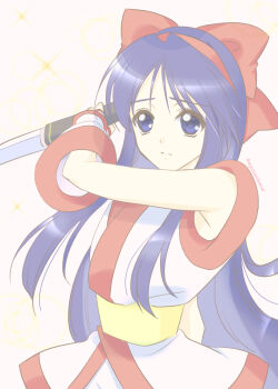 1girl ainu_clothes armpit_peek artist_name blue_eyes blue_hair breasts fighting_stance fingerless_gloves gloves hair_ribbon highres legs long_hair looking_at_viewer medium_breasts nakoruru pants ribbon samurai_spirits snk solo the_king_of_fighters thighs weapon worried
