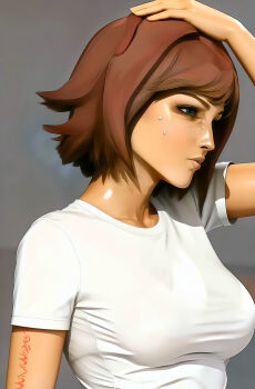 1girl absurdres ai-assisted arm_tattoo arm_up breasts green_eyes highres ish33r large_breasts messy_hair nel_zelpher red_hair red_tattoo shiny_skin shirt short_hair solo star_ocean star_ocean:_till_the_end_of_time sweat sweatdrop tattoo very_sweaty white_shirt