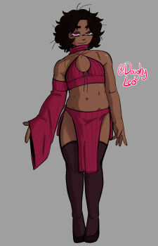 ambiguous_gender artist_self-insert belly curly_hair dark_skin detached_sleeves doughleo glasses high_heels highres looking_at_viewer original thighhighs trap