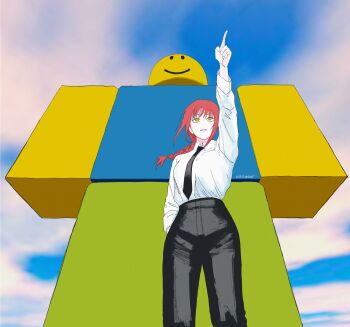 1girl absurdres black_necktie black_pants blue_sky chainsaw_man cloud cloudy_sky collared_shirt commentary day english_commentary formal_clothes highres long_hair long_sleeves necktie noob_(roblox) pant_suit pants pointing red_hair ringed_eyes roblox shirt sky suit virtuware white_shirt yellow_eyes