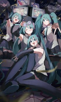 >_< 4girls absurdres aqua_eyes aqua_hair aqua_nails aqua_trim arm_tattoo armpits arms_up black_skirt blush collared_shirt commentary_request detached_sleeves eyewear_on_head fingernails grey_shirt hair_between_eyes hair_ornament hatsune_miku hatsune_miku_(nt) hatsune_miku_(vocaloid3) hatsune_miku_(vocaloid4) highres hiramado_miku kowareta_sekai_to_utaenai_miku long_hair long_sleeves looking_at_viewer m@gical_cure!_love_shot!_(vocaloid) magical_mirai_(vocaloid) magical_mirai_miku magical_mirai_miku_(2024) miku_day miniskirt multiple_girls nail_polish nono_yasai number_tattoo one_eye_closed open_mouth piapro_studio pleated_skirt project_sekai shirt skirt sleeveless sleeveless_shirt smile tattoo twintails v v4x very_long_hair vocaloid white_shirt wide_sleeves yuki_miku yuki_miku_(2025)